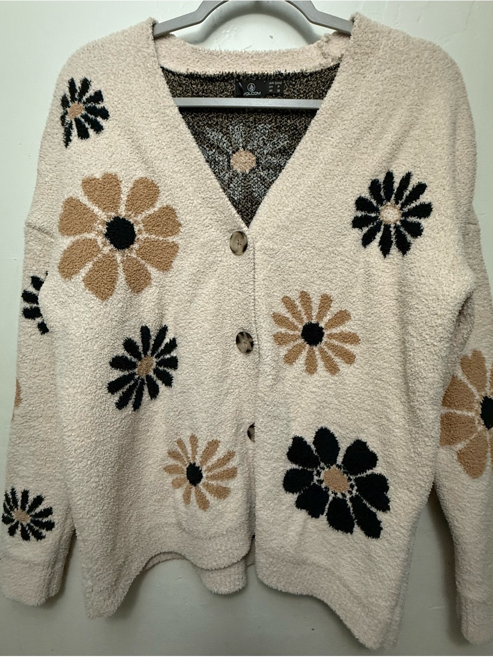 Volcom Cream Floral Button-Up Cardigan with Black and Tan Blooms